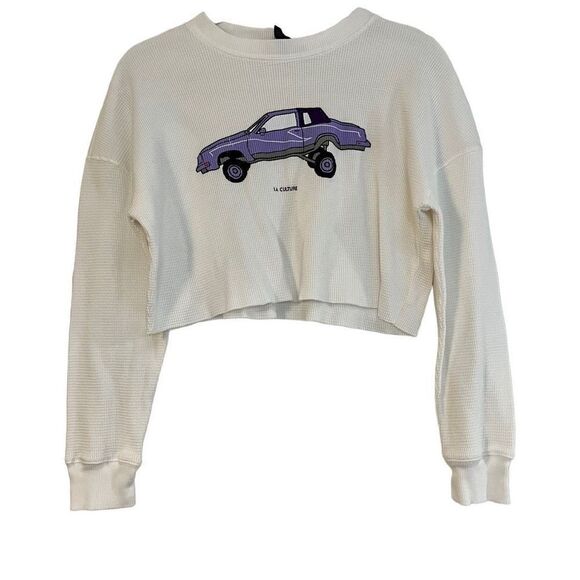 Forever 21 Waffle Knit Lowrider Graphic Tee Cropped Hem Size Small - Picture 1 of 9